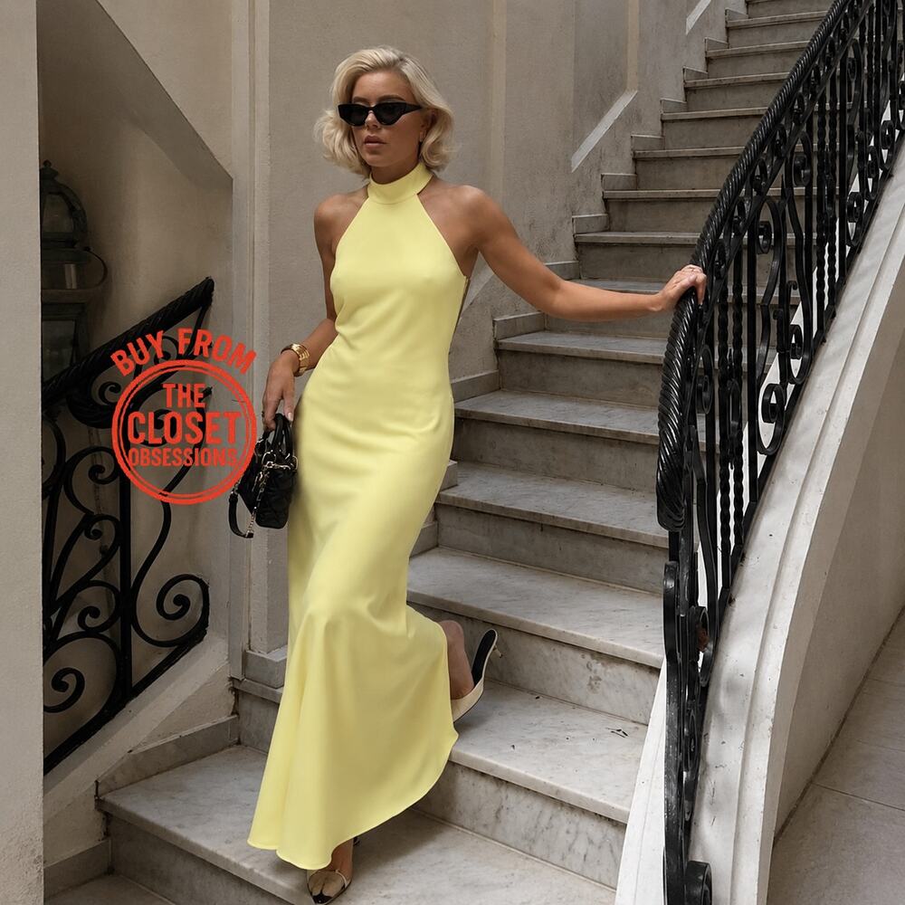 Mango NWT Butter Yellow Halter Open Back Maxi Dress 6